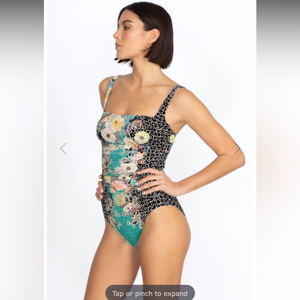 Johnny Was Floral Patchwork One-Piece Swimsuit in Black, Teal, Cream